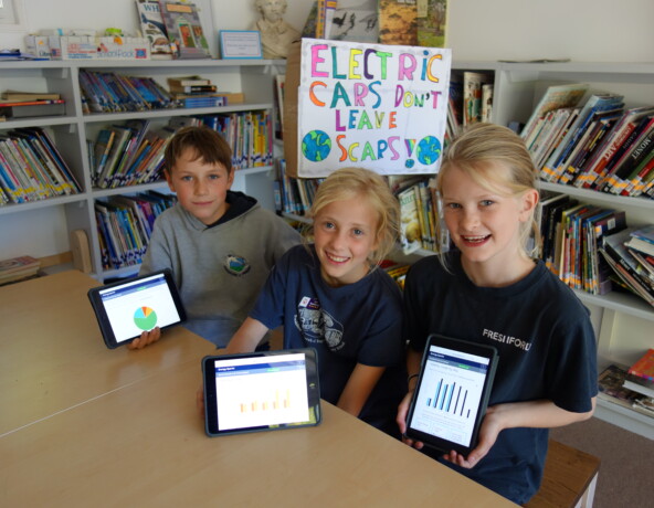 Three school children holding energy use monitors.