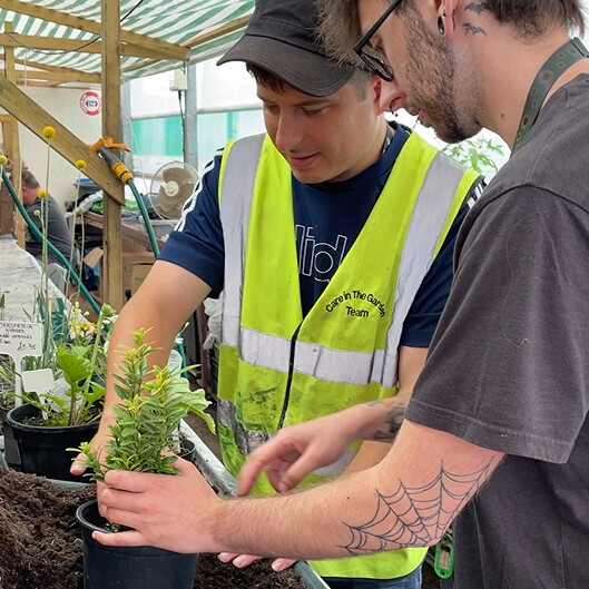 Two people planting pot plants